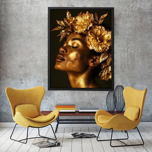 Golden floral portrait artwork canvas art for elegant modern interior decor