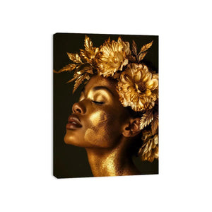 Golden floral portrait artwork canvas art for elegant modern interior decor