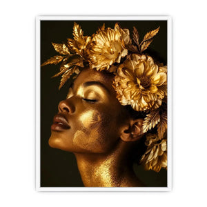 Golden floral portrait artwork canvas art for elegant modern interior decor