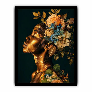 Golden botanical feminine portrait canvas art for elegant modern interior decor