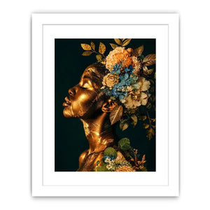 Golden botanical feminine portrait canvas art for elegant modern interior decor
