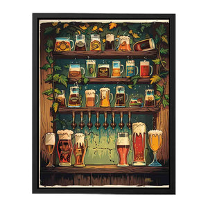 Illustrated beer mugs and taps on tavern shelves for home bar decor.