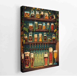 Illustrated beer mugs and taps on tavern shelves for home bar decor.
