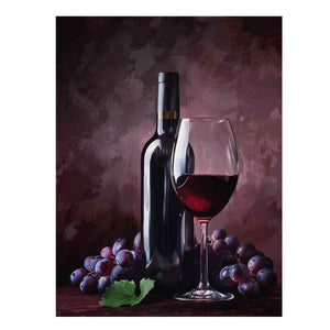 Elegant wine bottle, glass and grapes still life for dining room wall decor.