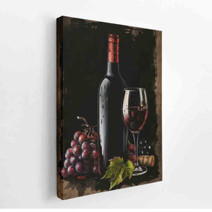 Dark wine bottle with glass, grapes and cork for elegant dining room decor.