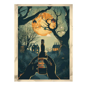 Moonlit wine bottle illustration with trees and houses for dining room decor.