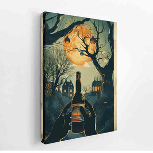 Moonlit wine bottle illustration with trees and houses for dining room decor.