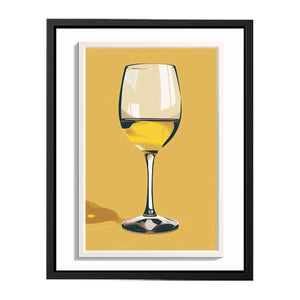 Minimal white wine glass artwork on golden background for kitchen decor.