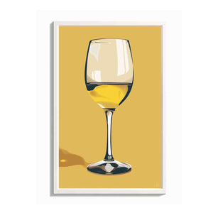 Minimal white wine glass artwork on golden background for kitchen decor.