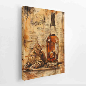 Vintage cat and whiskey bottle collage artwork for office wall decor.