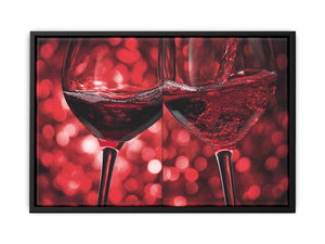 Close up red wine glasses with pouring motion for dining room wall art.