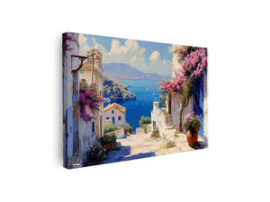 Santorini coastal canvas art with pink bougainvillea and blue sea for bedroom decor.
