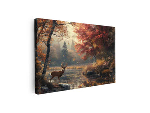 Autumn deer canvas wall art with lake reflections and red forest trees for cozy living room decor.