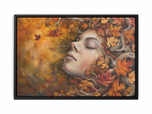 Autumn woman portrait canvas art with golden leaves and branches for elegant bedroom decor.