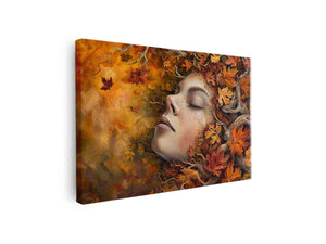 Autumn woman portrait canvas art with golden leaves and branches for elegant bedroom decor.