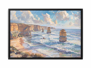 Great Ocean Road canvas art with ocean cliffs and waves for coastal living room decor.