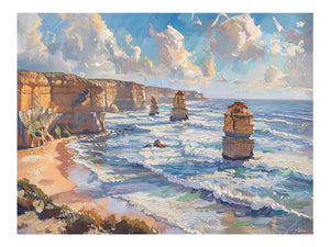 Great Ocean Road canvas art with ocean cliffs and waves for coastal living room decor.