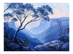 Blue eucalyptus mountain canvas art for peaceful bedroom decor.