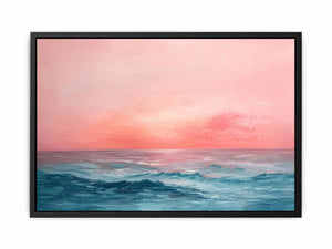 Abstract ocean canvas print with coral sky for modern living room decor.