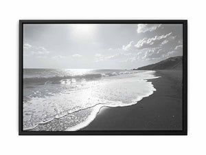 Black and white coastal beach canvas art for calm modern living room decor.