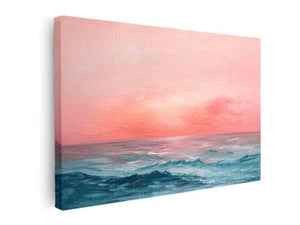 Abstract ocean canvas print with coral sky for modern living room decor.