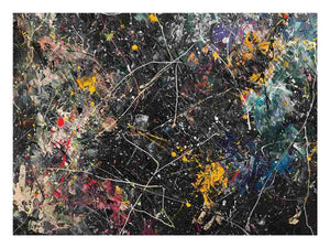 Bold black abstract canvas art with colorful splatter lines for modern office decor.