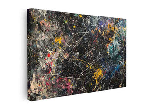 Bold black abstract canvas art with colorful splatter lines for modern office decor.