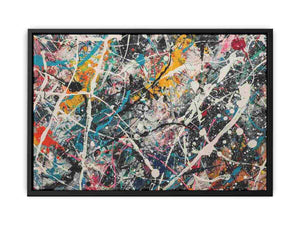 Vibrant abstract canvas art with teal, yellow, pink, and black for modern living room decor.