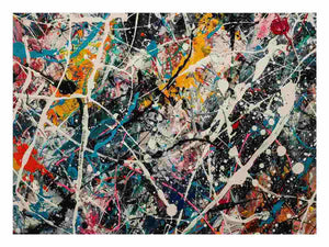 Vibrant abstract canvas art with teal, yellow, pink, and black for modern living room decor.
