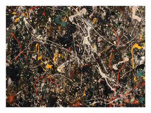 Dark abstract canvas art with white splatter and warm marks for modern office decor.