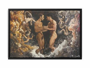 Surreal figurative canvas art with male figures and fantasy clouds for dramatic room decor.