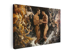 Surreal figurative canvas art with male figures and fantasy clouds for dramatic room decor.