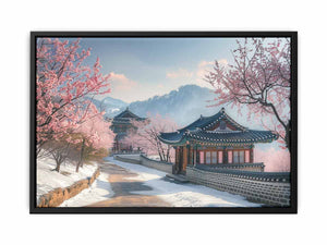 Korean palace cherry blossom landscape canvas art for serene living room decor.