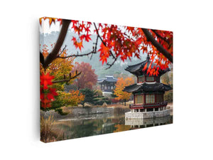 Korean autumn pavilion canvas art with red maple leaves for warm living room decor.