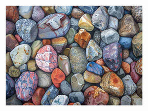 Smooth pebble stone canvas art with coastal texture for calm bathroom or hallway decor.