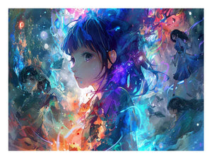 Colourful anime schoolgirl canvas art with cosmic blue glow for bold bedroom decor.