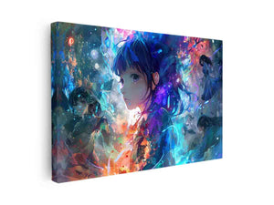 Colourful anime schoolgirl canvas art with cosmic blue glow for bold bedroom decor.