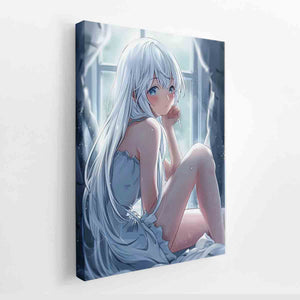 Soft white-haired anime girl canvas art by a window for peaceful bedroom decor.