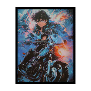 Blue anime motorcycle rider canvas art with glowing headlight for bold bedroom decor.
