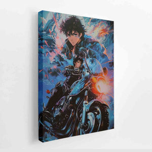 Blue anime motorcycle rider canvas art with glowing headlight for bold bedroom decor.