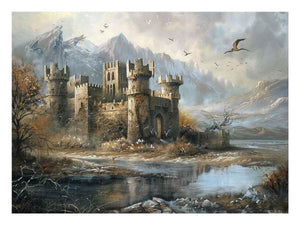 Misty castle landscape canvas art with mountains and water for dramatic living room decor.