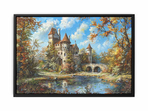 Romantic autumn castle canvas art with bridge and stream for elegant living room decor.