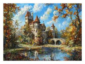 Romantic autumn castle canvas art with bridge and stream for elegant living room decor.