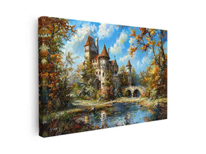 Romantic autumn castle canvas art with bridge and stream for elegant living room decor.