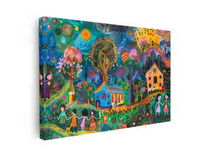 Colourful folk village canvas art with children, houses, trees, and flowers for kids room decor.