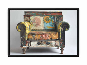 Vintage painted armchair canvas art with distressed texture for eclectic office decor.