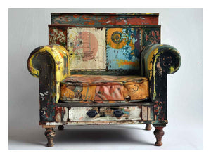 Vintage painted armchair canvas art with distressed texture for eclectic office decor.