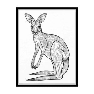 Minimal black and white kangaroo line art canvas for nursery or kids room decor.