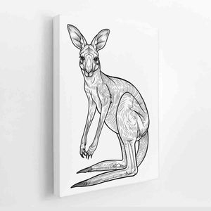 Minimal black and white kangaroo line art canvas for nursery or kids room decor.