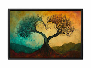 Surreal tree wall art with heart branches for expressive living room decor.